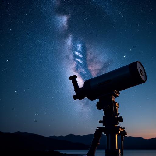 A modern telescope pointed towards a starry night sky